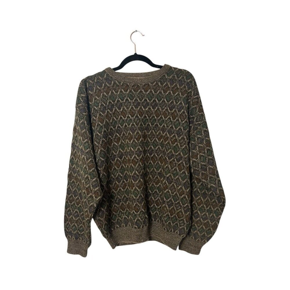 90s Farah Abstract Geometric Knit Crewneck Sweater Oversized M Vtg Brown Grunge